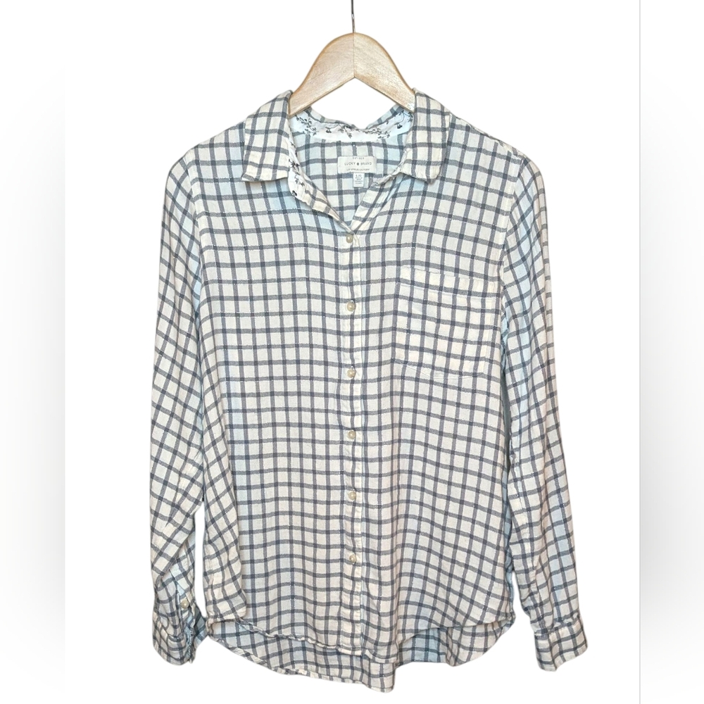 Lucky Brand Plaid Button Down Shirt Women's Large Gray Ivory Long Sleeve Cotton
